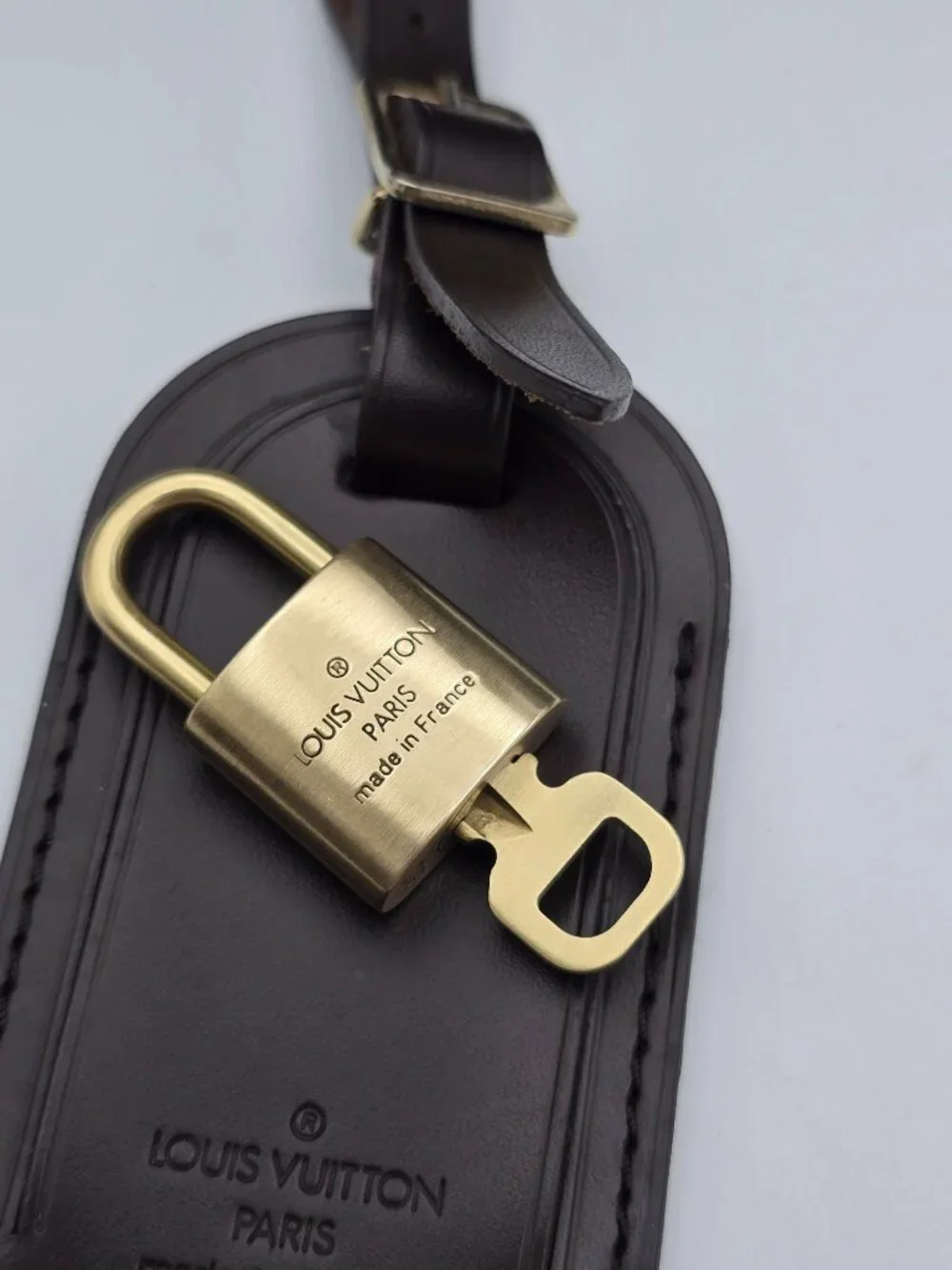 Authentic Louis Vuitton Brown Luggage Tag & Gold Padlock with Key-Made in France